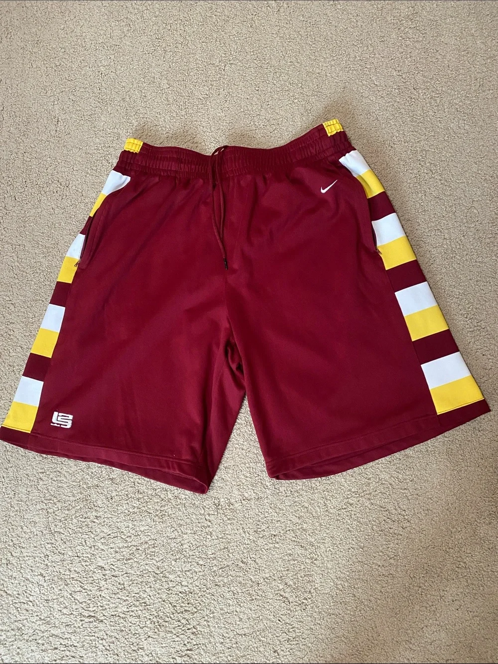 Nike - Lebron XXL Maroon Athletic Shorts with Yellow & White Side Stripes